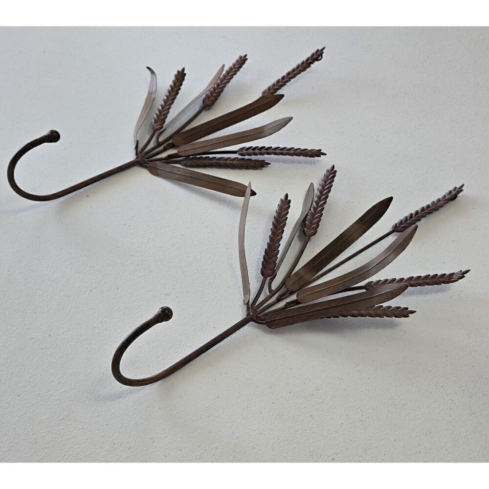 2 Metal Wheat Wall Hanging Hook Coat Hat Towel Rustic Farmhouse - Picture 2 of 6
